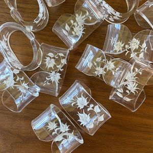 Lucite Napkin Rings, unique vintage floral engraved. Set of 14!
